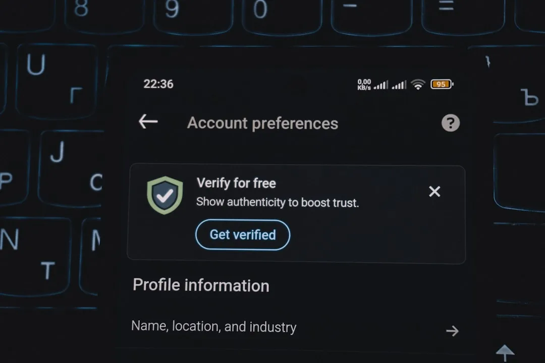 Account preferences screen with verification prompt