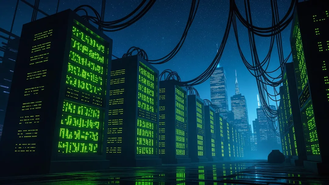 Servers illuminate a futuristic cityscape with a data center.