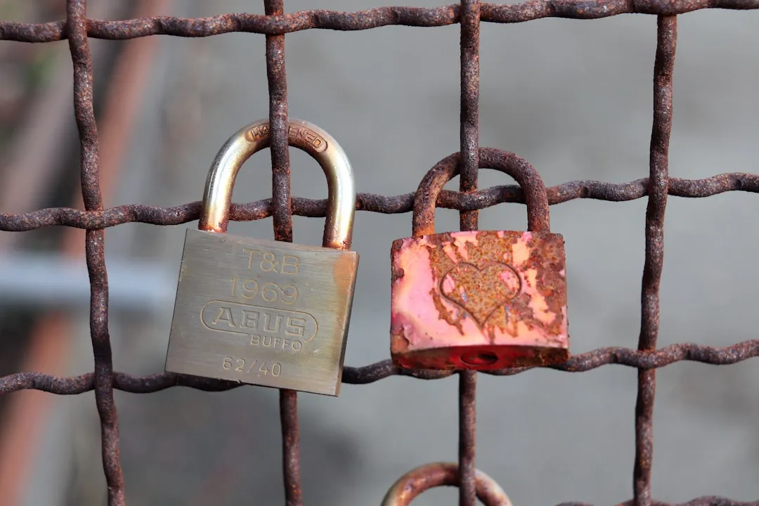 A couple of padlocks attached to a fence