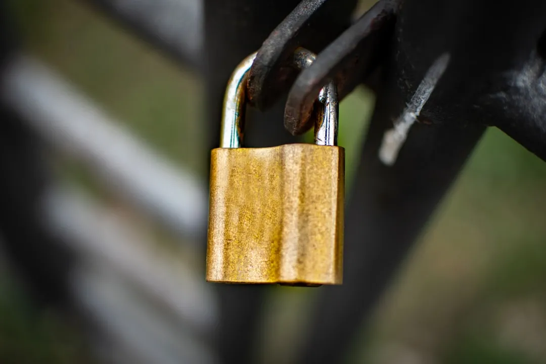 brown padlock on black metal fence